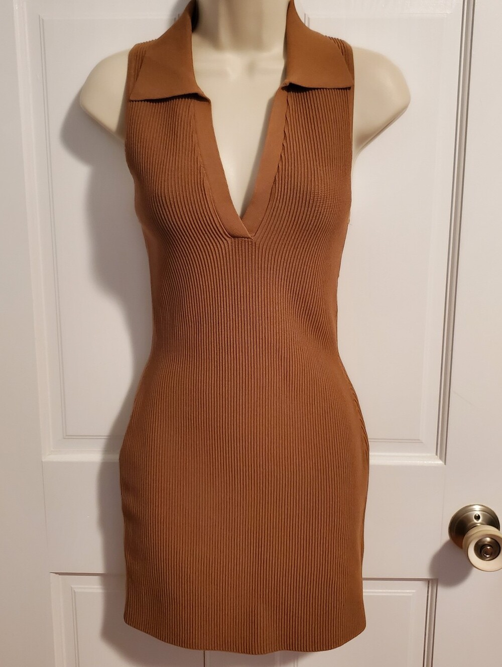 Babaton Ribbed Sleeveless Mini Dress in Camel Brown